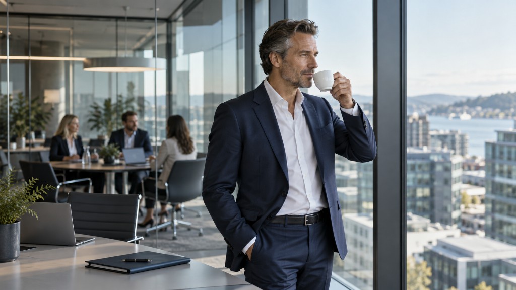 A leader with a cup of coffee in a glass office, colleagues meeting behind him and a city waterfront outside the window.