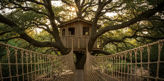 A rope bridge leading to a treehouse