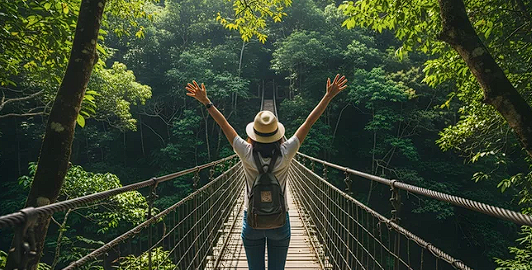 A person on a forest bridge with arms open