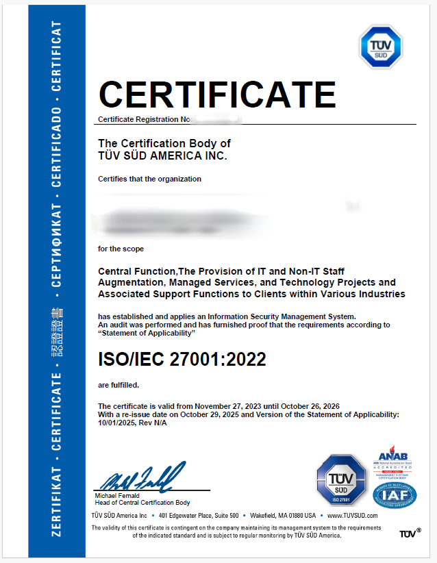 An ISO/IEC 27001:2022 certificate. The registration number and the certified organization name and address are blurred.