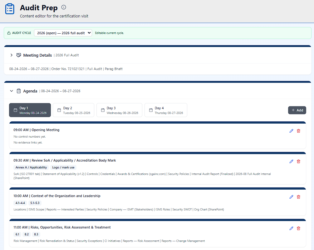 The Trygg portal Audit Prep agenda for the certification visit, with the Day 1 meeting schedule.