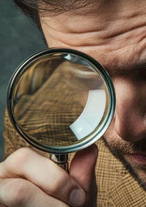 A man looking closely through a magnifying glass.