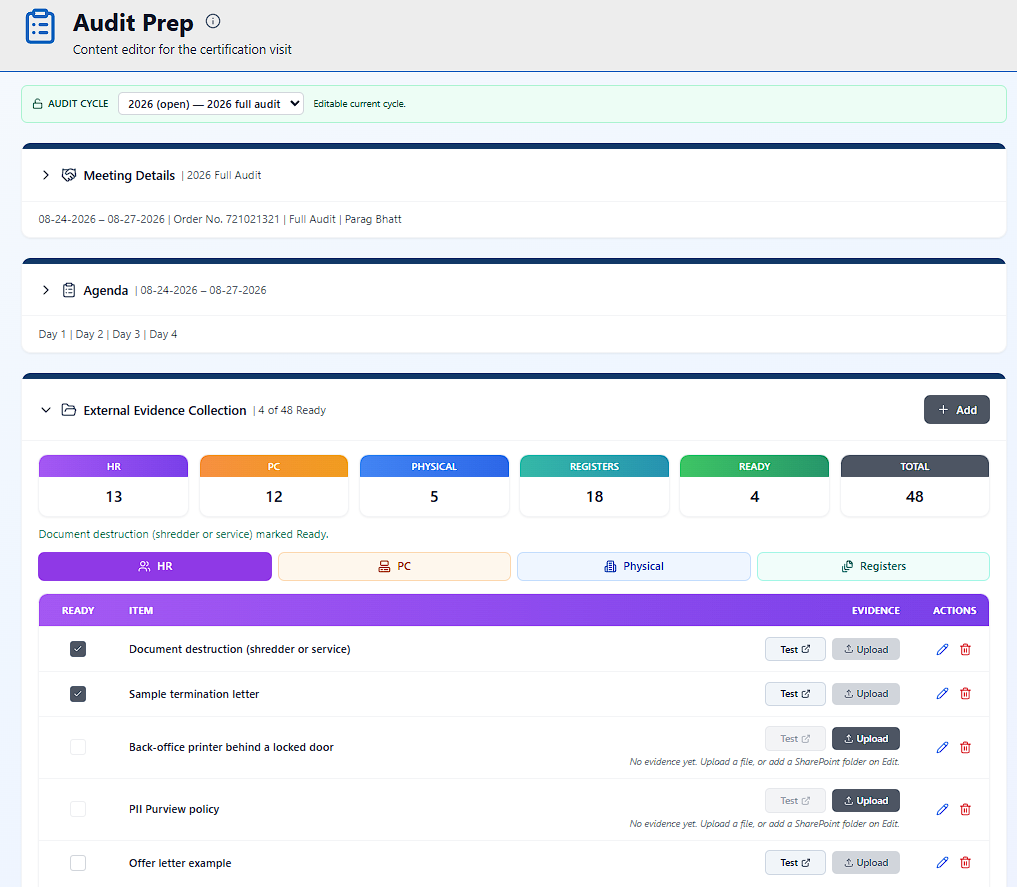 The Trygg portal Audit Prep page, showing external evidence collection and how many items are ready.