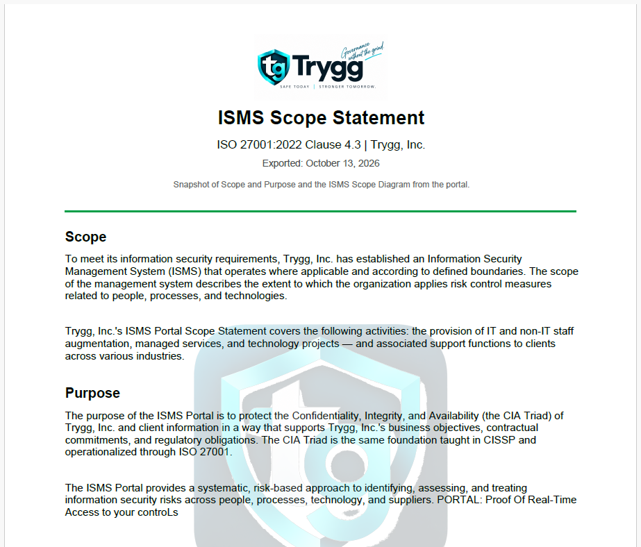 ISMS Scope Statement exported from the Trygg portal, showing scope and purpose.