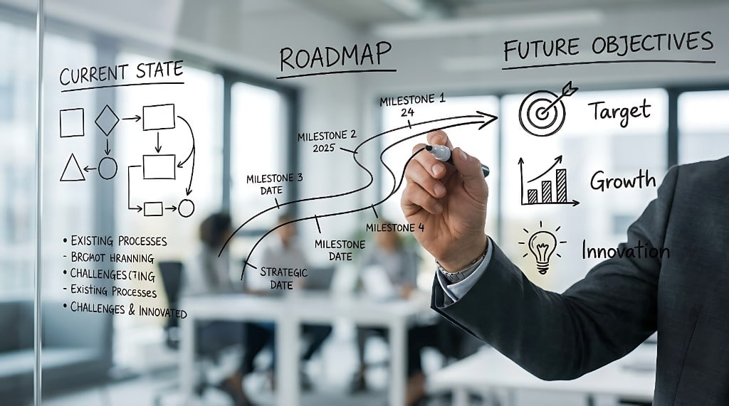 A hand drawing a roadmap from the current state toward future objectives.