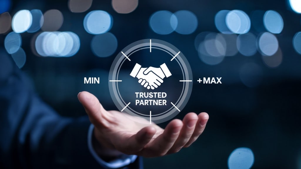 An open hand presenting a trusted partner mark.