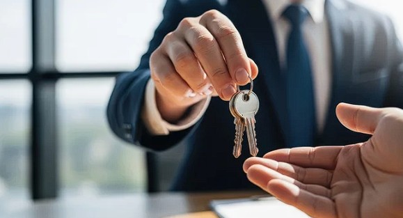 A person handing keys to someone else