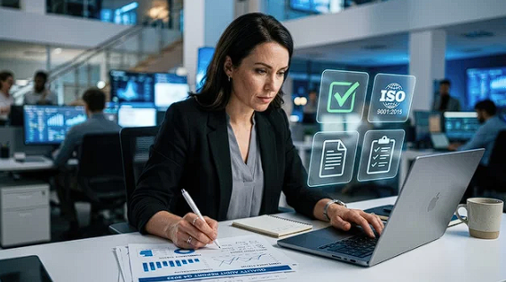 A person at a laptop reviewing documents, with a checkmark, an ISO badge, and checklists