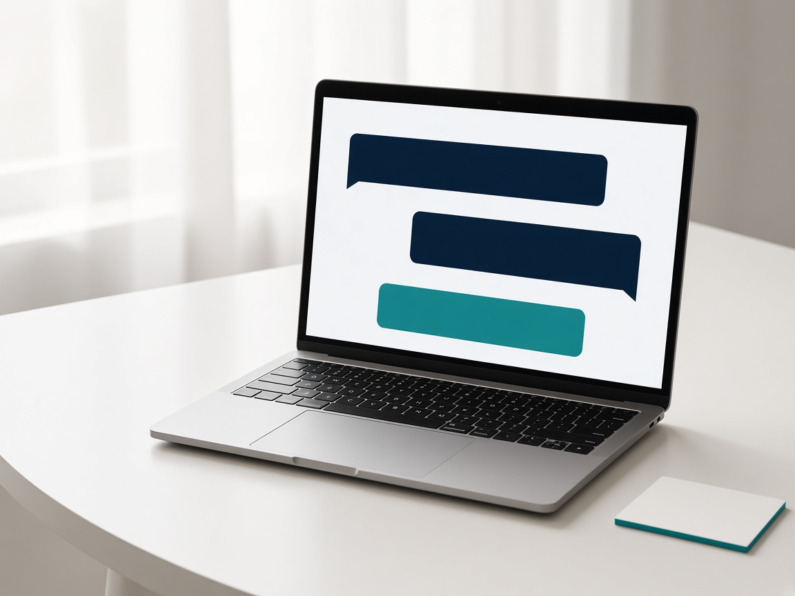 A laptop showing a short chat, with a small card beside it.